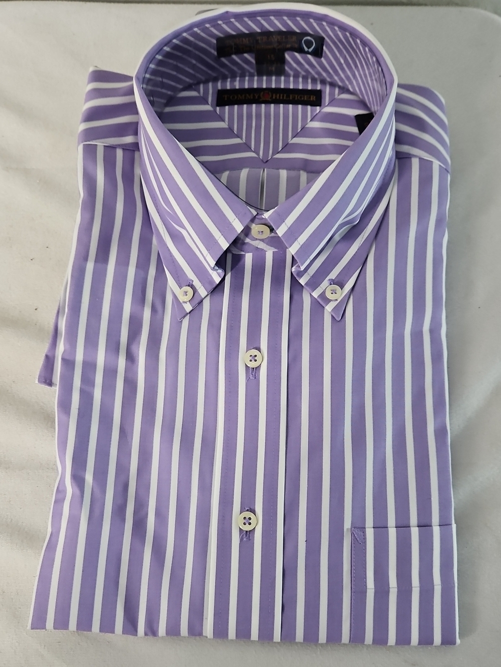 Tommy Hilfiger Men’s Lavender and White Vertical Stripe Dress Shirt Long Sleeve